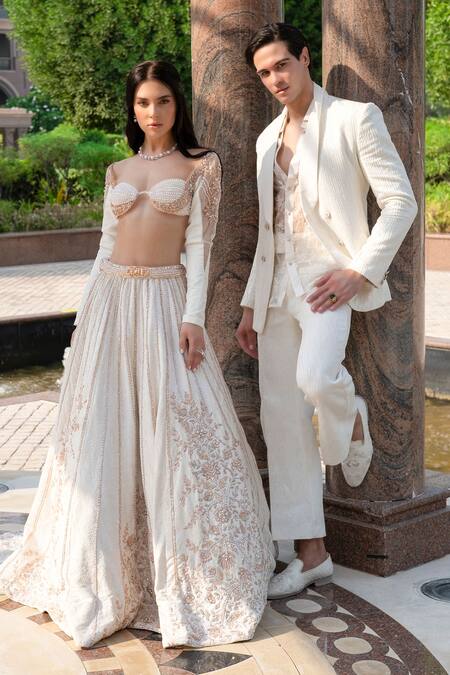 Buy_Jigar & Nikita_White Crepe, Satin, Organza Embroidery Procelain Prince Tuxedo Set _Online_at_Aza_Fashions