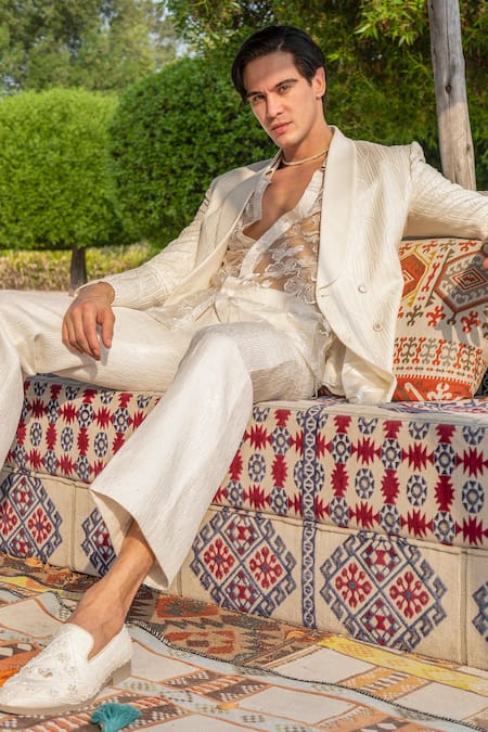 Shop_Jigar & Nikita_White Crepe, Satin, Organza Embroidery Procelain Prince Tuxedo Set _Online_at_Aza_Fashions