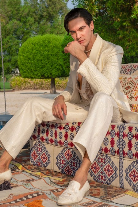 Jigar & Nikita_White Crepe, Satin, Organza Embroidery Procelain Prince Tuxedo Set _at_Aza_Fashions