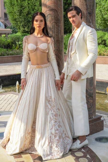 Buy_Jigar & Nikita_White Crepe, Satin, Organza Embroidery Procelain Prince Tuxedo Set 