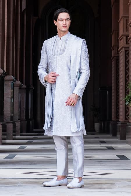 Jigar & Nikita_Silver Linen, Satin Embroidery Majestic Royal Sherwani Set _Online_at_Aza_Fashions