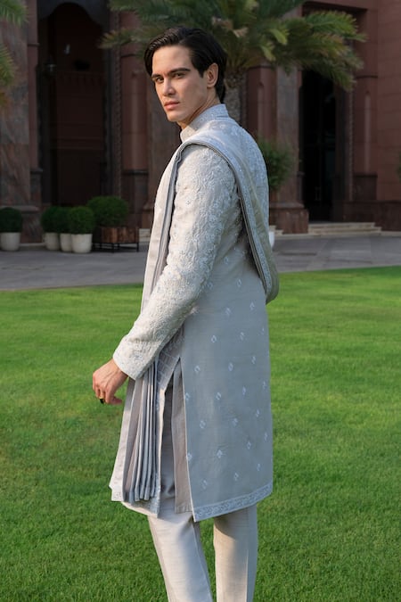 Shop_Jigar & Nikita_Silver Linen, Satin Embroidery Majestic Royal Sherwani Set _at_Aza_Fashions
