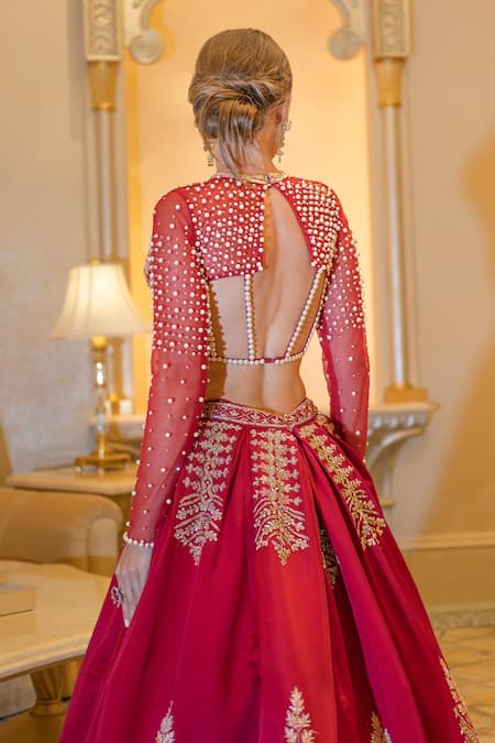 Shop_Jigar & Nikita_Red Linen, Net Pearls, Zari High Neck Ruby Lehenga Set With Blouse And Dupatta _at_Aza_Fashions