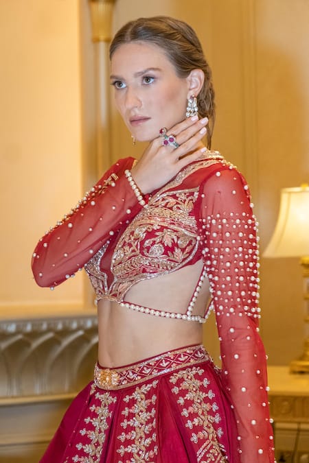 Jigar & Nikita_Red Linen, Net Pearls, Zari High Neck Ruby Lehenga Set With Blouse And Dupatta _Online_at_Aza_Fashions