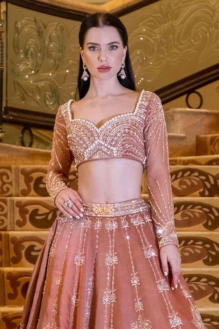 Jigar & Nikita_Brown Silk, Net Sequins, Embroidery V-neck Hazel Brew Lehenga Set _Online_at_Aza_Fashions