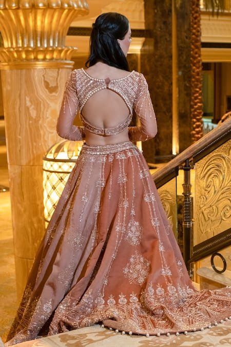 Shop_Jigar & Nikita_Brown Silk, Net Sequins, Embroidery V-neck Hazel Brew Lehenga Set _at_Aza_Fashions