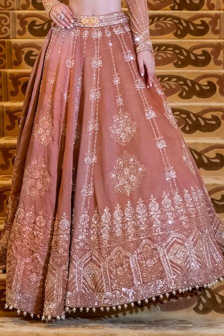 Buy_Jigar & Nikita_Brown Silk, Net Sequins, Embroidery V-neck Hazel Brew Lehenga Set _Online_at_Aza_Fashions