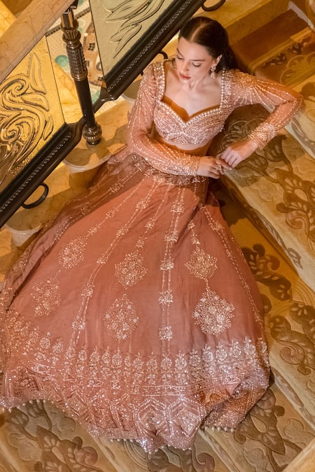 Shop_Jigar & Nikita_Brown Silk, Net Sequins, Embroidery V-neck Hazel Brew Lehenga Set _Online_at_Aza_Fashions