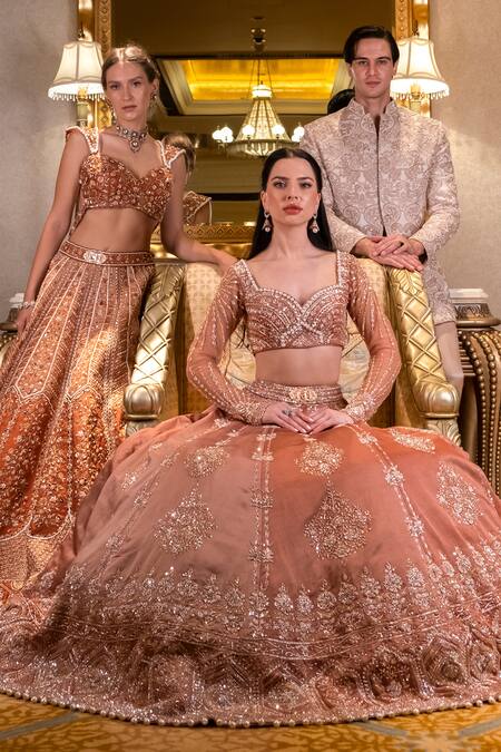 Jigar & Nikita_Rust Silk, Velvet, Net Embroidery, Zari Ochre Lehenga Set _at_Aza_Fashions