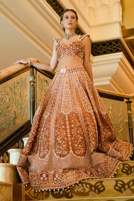 Shop_Jigar & Nikita_Rust Silk, Velvet, Net Embroidery, Zari Ochre Lehenga Set _at_Aza_Fashions