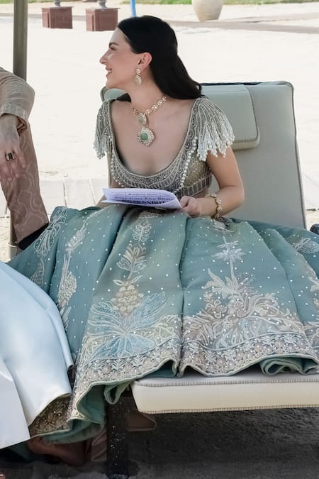 Jigar & Nikita_Green Tissue Pearls Round Neck Stone Shimmer Lehenga Set _Online_at_Aza_Fashions