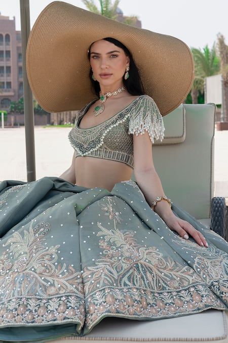 Shop_Jigar & Nikita_Green Tissue Pearls Round Neck Stone Shimmer Lehenga Set _at_Aza_Fashions