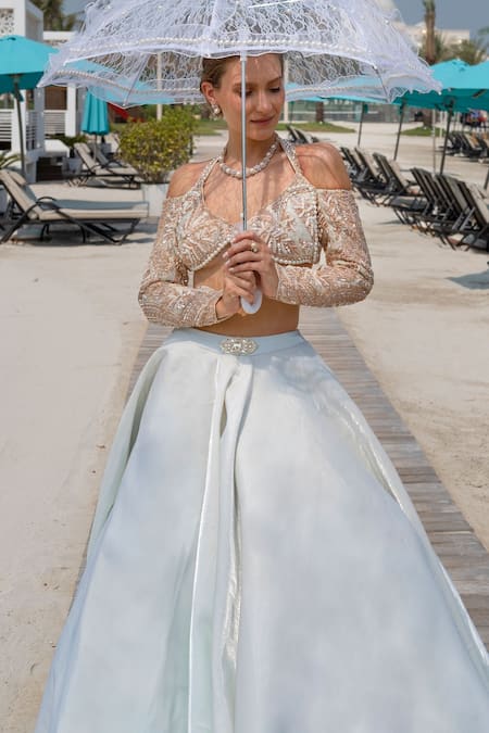 Shop_Jigar & Nikita_Mint Organza Embroidery Off-shoulder Spring Fusion Lehenga Set _at_Aza_Fashions