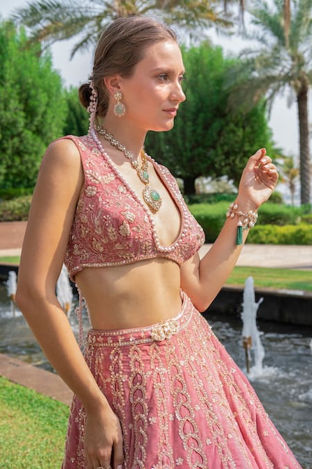 Jigar & Nikita_Pink Velvet, Net Sequins, Embroidery, Beads V-neck Victoria Salmon Lehenga Set _Online_at_Aza_Fashions