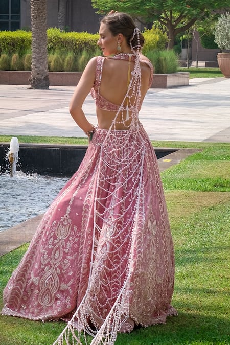 Shop_Jigar & Nikita_Pink Velvet, Net Sequins, Embroidery, Beads V-neck Victoria Salmon Lehenga Set _at_Aza_Fashions