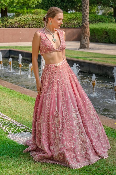 Buy_Jigar & Nikita_Pink Velvet, Net Sequins, Embroidery, Beads V-neck Victoria Salmon Lehenga Set _Online_at_Aza_Fashions
