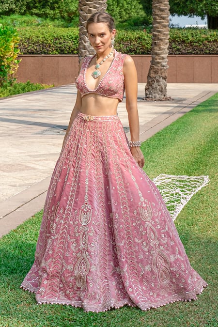 Shop_Jigar & Nikita_Pink Velvet, Net Sequins, Embroidery, Beads V-neck Victoria Salmon Lehenga Set _Online_at_Aza_Fashions