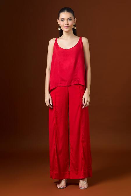 Yoshita Couture_Red Embroidery Keyhole Neck Yoke Kaftan Set _Online_at_Aza_Fashions