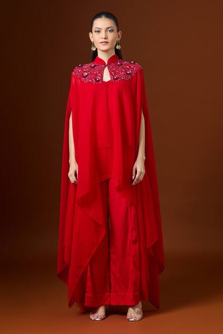Shop_Yoshita Couture_Red Embroidery Keyhole Neck Yoke Kaftan Set _Online_at_Aza_Fashions