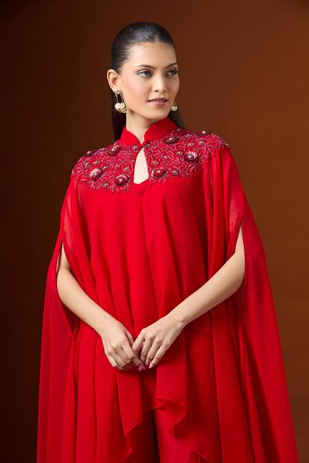 Yoshita Couture_Red Embroidery Keyhole Neck Yoke Kaftan Set _at_Aza_Fashions