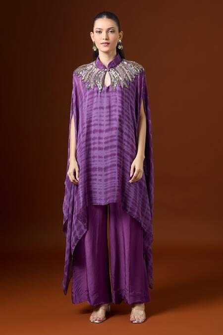 Shop Yoshita Couture Purple Beads, Sequins Keyhole Neck Shibori Embroidered Kaftan Set Online at Aza Fashions Shop_Yoshita Couture_Purple Beads, Sequins Keyhole Neck Shibori Embroidered Kaftan Set _Online_at_Aza_Fashions