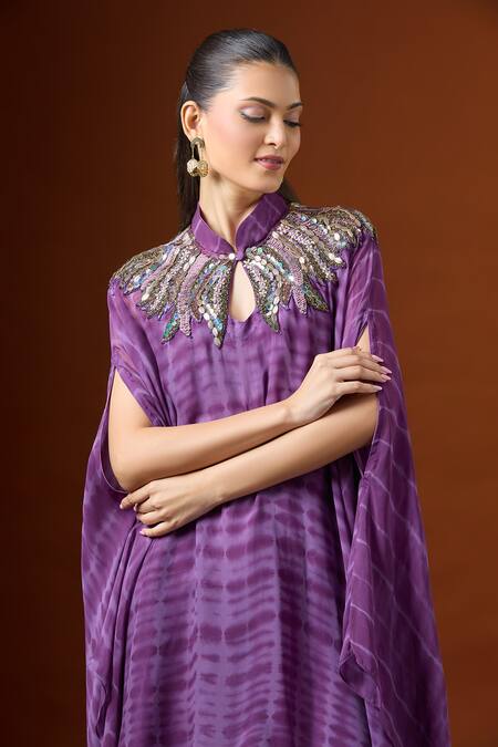 Yoshita Couture Purple Beads, Sequins Keyhole Neck Shibori Embroidered Kaftan Set at Aza Fashions Yoshita Couture_Purple Beads, Sequins Keyhole Neck Shibori Embroidered Kaftan Set _at_Aza_Fashions