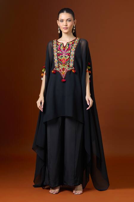 Buy_Yoshita Couture_Black Round Neck Embroidered Kaftan With Pant Set _Online_at_Aza_Fashions