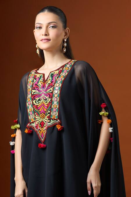 Shop_Yoshita Couture_Black Round Neck Embroidered Kaftan With Pant Set _Online_at_Aza_Fashions