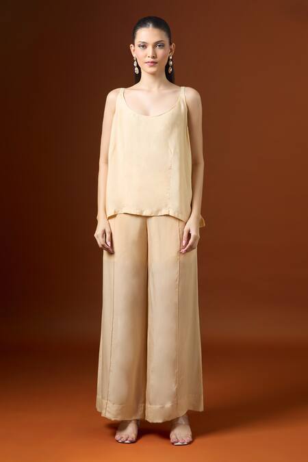 Yoshita Couture_Cream Tassels, Embroidery Round Neck Asymmetric Kaftan Set _Online_at_Aza_Fashions