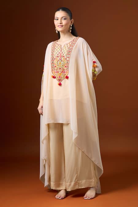 Buy_Yoshita Couture_Cream Tassels, Embroidery Round Neck Asymmetric Kaftan Set _Online_at_Aza_Fashions