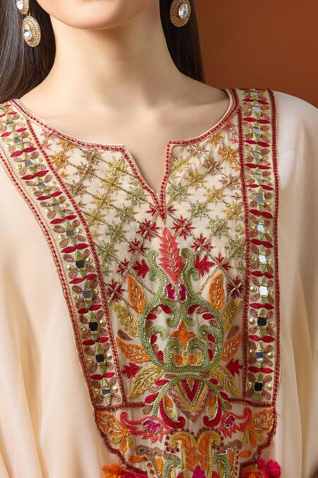 Yoshita Couture_Cream Tassels, Embroidery Round Neck Asymmetric Kaftan Set _at_Aza_Fashions