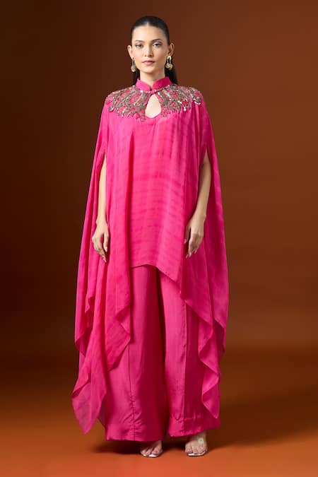 Shop_Yoshita Couture_Pink Beads Keyhole Neck Embroidered Yoke Kaftan Set _Online_at_Aza_Fashions