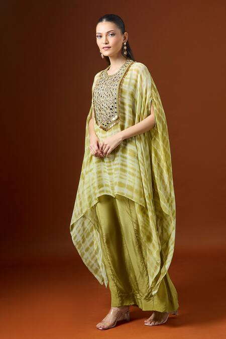 Yoshita Couture Yellow Embroidery Round Neck Shibori Kaftan Set at Aza Fashions Yoshita Couture_Yellow Embroidery Round Neck Shibori Kaftan Set _at_Aza_Fashions