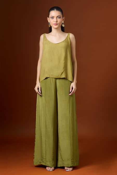 Yoshita Couture_Green Beads, Sequins Collared Olive Shibori Stripe Kaftan Set _Online_at_Aza_Fashions