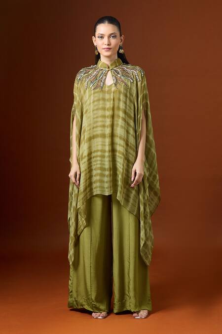 Shop_Yoshita Couture_Green Beads, Sequins Collared Olive Shibori Stripe Kaftan Set _Online_at_Aza_Fashions