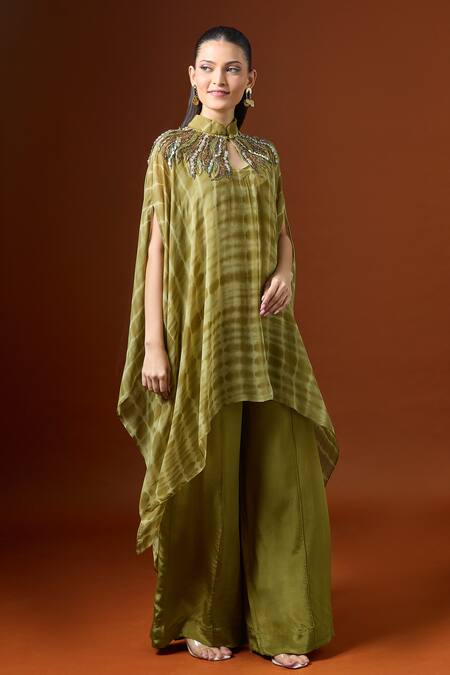 Yoshita Couture_Green Beads, Sequins Collared Olive Shibori Stripe Kaftan Set _at_Aza_Fashions