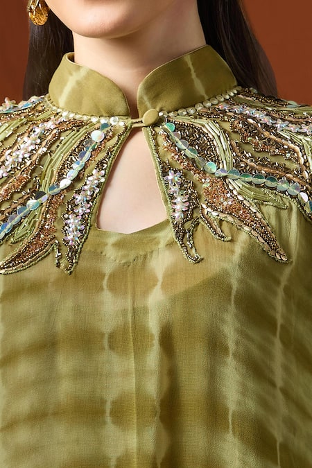 Buy_Yoshita Couture_Green Beads, Sequins Collared Olive Shibori Stripe Kaftan Set 