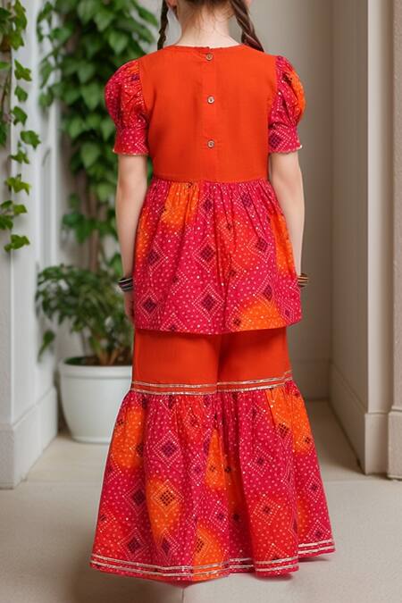 Shop Petite Pomme Orange Cotton Embroidery Jaipuri Print Top And Sharara Set at Aza Fashions Shop_Petite Pomme_Orange Cotton Embroidery Jaipuri Print Top And Sharara Set_at_Aza_Fashions
