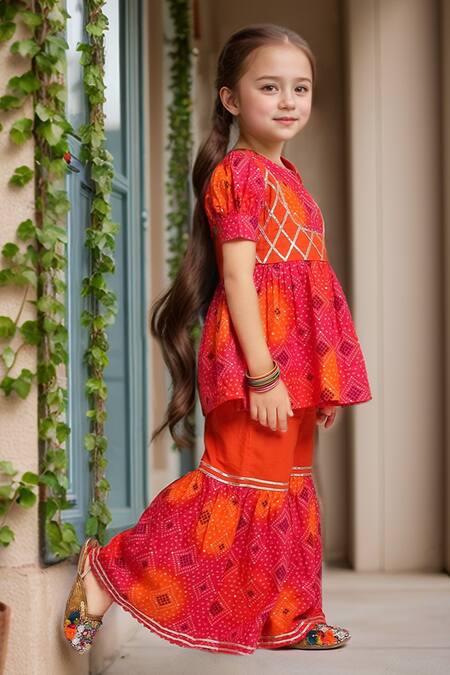 Petite Pomme Orange Cotton Embroidery Jaipuri Print Top And Sharara Set Online at Aza Fashions Petite Pomme_Orange Cotton Embroidery Jaipuri Print Top And Sharara Set_Online_at_Aza_Fashions