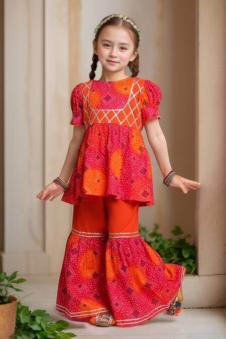 Petite Pomme Orange Cotton Embroidery Jaipuri Print Top And Sharara Set