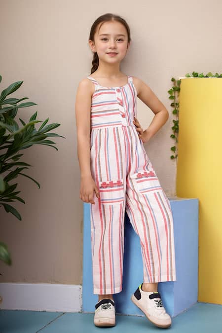 Petite Pomme Striped Floral Lace Embroidered Jumpsuit 
