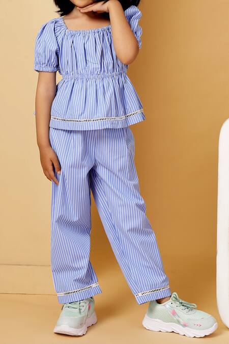 Petite Pomme_Blue Cotton Lace Striped Crop Top And Pant Set _Online_at_Aza_Fashions