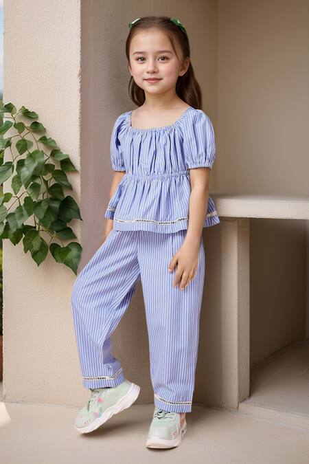 Buy_Petite Pomme_Blue Cotton Lace Striped Crop Top And Pant Set _Online_at_Aza_Fashions