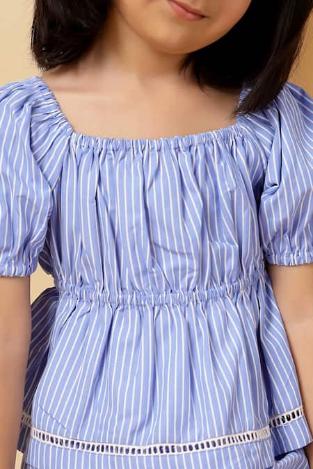 Shop_Petite Pomme_Blue Cotton Lace Striped Crop Top And Pant Set _Online_at_Aza_Fashions