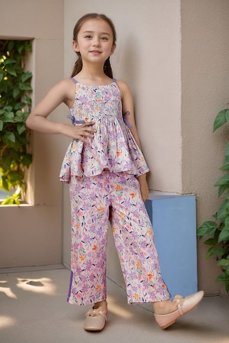 Samyukta Singhania White Floral Printed Top And Pant Set For Girls 