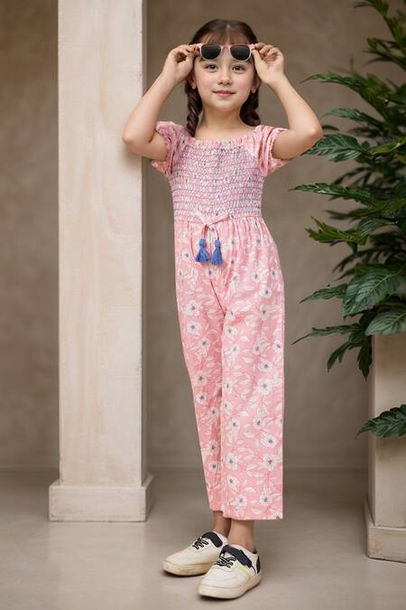 Petite Pomme_Pink Rayon Bows Floral Smocking Jumpsuit With _Online_at_Aza_Fashions