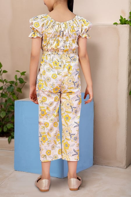 Petite Pomme Floral Cotton Jumpsuit with Bow Detail 