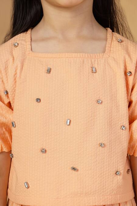 Petite Pomme_Orange Cotton Mirrors Mettal Detailing Top-skirt Set _Online_at_Aza_Fashions