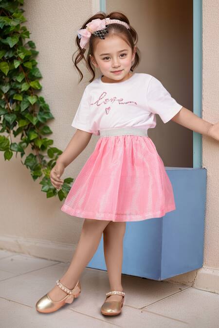 Buy_Petite Pomme_White Cotton, Polyester, Net Sequins Pink Gingham Skirt And Love Print Top Set _Online_at_Aza_Fashions