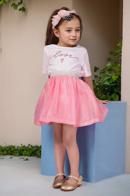 Samyukta Singhania Pink Gingham Skirt & Love Print Top Set 
